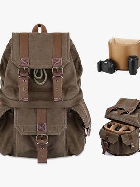 Canvas Camera Backpack for Men - Brown/Green with leather.